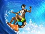 anthro black_nose bottomwear brown_eyes brown_hair clothing collar hair happy male open_mouth sea short_hair shorts smile solo sport summer surfboard surfer surfing vehicle water watercraft wave eliana-asato apollo_(apollophoenix) mammal mustelid otter