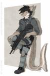 5_fingers anthro black_hair boots brown_eyes clothed clothing fin fingers footwear gun hair hk416 holding_gun holding_object holding_ranged_weapon holding_weapon jacket knee_pads leaning looking_at_viewer male plantigrade ranged_weapon shoes simple_background smile solo standing stripes topwear trigger_discipline uniform weapon soryane discardingsabot sabot_sauer fish marine requiem_shark scalie shark tiger_shark 2017 digital_media_(artwork)