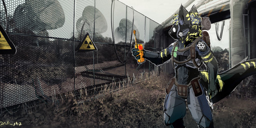 anthro backpack detailed_background fence hazard_symbol machine male outside radiation_symbol solo standing symbol tail catsup147 protogen absurd_res hi_res