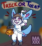 anthro clothed clothing costume food fruit fur hair holidays kigurumi male onesie open_mouth plant pumpkin smile solo tail text trick-or-treating uwu white_body maxwtv halloween nintendo pokemon matthew_nowell canid canine eeveelution fox generation_6_pokemon mammal pokemon_(species) shiny_pokemon sylveon digital_media_(artwork) hi_res