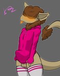 anthro balls blep blush blush_lines bodily_fluids brown_body brown_fur clothed clothing dripping erection erection_under_clothing femboy fluffy fur genitals hair hair_over_eyes head_tuft hoodie legwear male neck_tuft obscured_eyes orange_tongue partially_clothed pink_clothing pink_hoodie pink_topwear saliva saliva_drip saliva_on_tongue simple_background solo tail tail_tuft tan_body tan_fur tenting thick_tail thigh_highs tongue tongue_out topwear tuft wool_(fur) kennedy_oz the_nature_of_predators yolm_(kennedy_oz) alien mammal venlil_(the_nature_of_predators) absurd_res hi_res signature