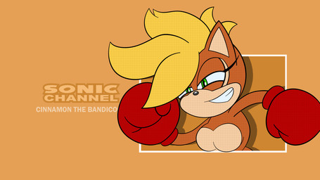 anthro big_breasts blonde_hair boxing_gloves breasts clothing featureless_breasts female gloves green_eyes grin hair handwear mohawk nude on_model orange_body red_clothing red_gloves red_handwear smile smug solo text mobian_monster sega sonic_channel sonic_the_hedgehog_(series) cinnamon_the_bandicoot fan_character bandicoot mammal marsupial 16:9 absurd_res character_name digital_drawing_(artwork) digital_media_(artwork) english_text flat_colors hi_res wallpaper widescreen