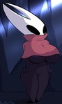 2023 2_horns anthro arthropod artist_name belly black_arms black_belly black_body black_breasts black_eyes black_legs blue_text bottomless breasts cave cloak clothed clothing davidsanchan digital_drawing_(artwork) digital_media_(artwork) female fist genitals hands_on_hips hi_res hollow_knight horn hornet_(hollow_knight) insect looking_forward mouthless navel noseless not_furry pussy red_cloak red_clothing short_stack simple_background solo standing team_cherry text