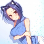 big_breasts blue_hair breasts clothed clothing eyeshadow female hair happy looking_at_viewer makeup red_eyes short_hair shy smile solo racer_(magnet) idolmaster miura_azusa animal_humanoid cat_humanoid felid felid_humanoid feline feline_humanoid humanoid mammal mammal_humanoid 1:1