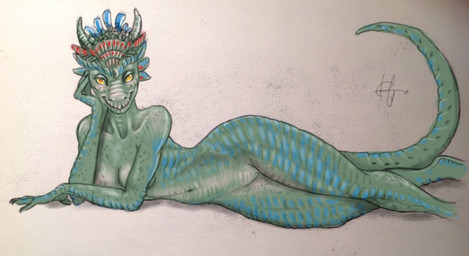 anthro bedroom_eyes breasts female genitals half-closed_eyes happy looking_at_viewer narrowed_eyes naughty_face non-mammal_breasts nude seductive simple_background smile solo vulva himeragoldtail scalie portrait source_request three-quarter_portrait traditional_media_(artwork)