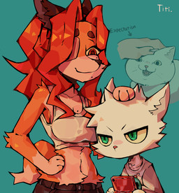 age_difference anthro clothing duo female feral fur grey_background hair half-closed_eyes headpat larger_female male narrowed_eyes older_female orange_body orange_fur red_hair simple_background size_difference smaller_male smile text white_body white_fur white_hair younger_male fetloaf annie_(fetloaf) yuri_(fetloaf) canid canine domestic_cat felid feline felis fox mammal absurd_res hi_res