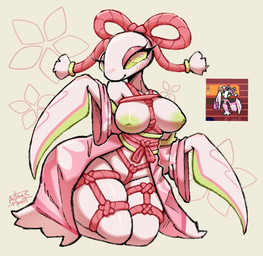 anthro areola asian_clothing bdsm big_breasts blush bondage bound bow_(feature) breasts clothed clothing east_asian_clothing exposed_breasts eyelashes female green_areola green_eyes green_nipples green_sclera japanese_clothing kimono kneeling looking_at_viewer nipple_dip nipples non-mammal_breasts open_clothing open_kimono pink_body pink_eyelids restraints rope rope_bondage rope_harness smile solo squish thick_thighs thigh_squish wide_hips yellow_eyes aitherheart deltarune undertale_(series) mantis_(deltarune) arthropod insect mantis hi_res