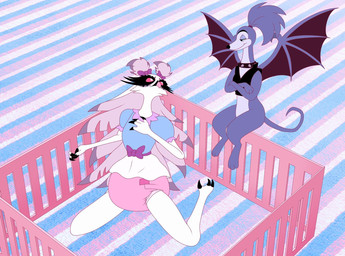 ageplay anthro big_diaper clothed clothing crib diaper duo female forced_infantilism infantilism pink_diaper red_sclera regression roleplay smile wearing_diaper white_eyes wings deviantdaredevil all_dogs_go_to_heaven don_bluth hellaverse helluva_boss belladonna_(all_dogs_go_to_heaven) stella_(helluva_boss) avian bird bird_demon canid canine canis domestic_dog hunting_dog mammal owl owl_demon hi_res