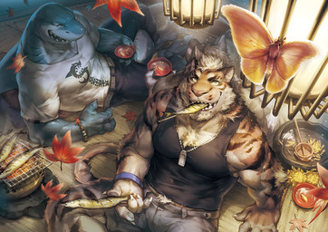 abs anthro belt biceps blush bottomwear clothing duo fangs fur male muscular muscular_male pants pecs pink_nose shirt sitting smile stripes tank_top teeth topwear yellow_eyes jacketbear ambient_arthropod ambient_insect ambient_moth aquatic arthropod felid fish insect lepidopteran mammal moth pantherine shark tiger 2017