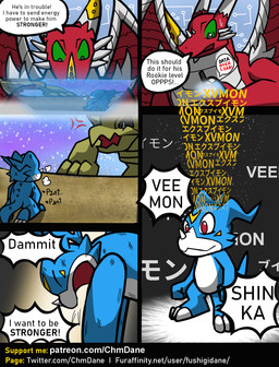 anthro blue_body bodily_fluids breath dialogue digivice evolution evolution_(transformation) green_eyes group horn imminent_transformation male markings panting red_body red_eyes sweat sweatdrop tail text transformation trio wings fushigidane bandai_namco digimon mythology digimon_(species) dragon examon mythological_creature mythological_scalie scalie veemon 2025 colored comic digital_drawing_(artwork) digital_media_(artwork) english_text hi_res url