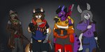 antennae_(anatomy) anthro armor bandanna clothed clothing female fur group gun handgun hat headgear headwear hoodie jacket kerchief pose ranged_weapon revolver simple_background tail topwear weapon kawattame 2k_games borderlands mythology arthropod avian bird canid canine canis domestic_dog dragon furred_dragon furred_scalie insect lepidopteran mammal moth mythological_creature mythological_scalie scalie 2:1 hi_res