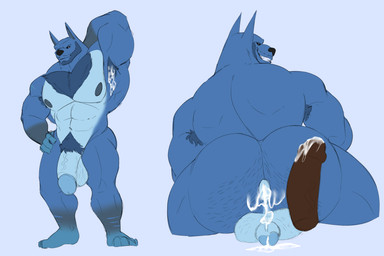 anthro armpit_hair balls big_claws big_penis black_sclera blue_body blue_fur bodily_fluids body_hair butt claws cum cum_on_armpit erection fur genital_fluids genitals glans hair male muscular muscular_male navel nipples nude pecs penis simple_background solo unrealrui activision crash_bandicoot_(series) ratcicle titan_(crash_bandicoot) 3:2 absurd_res hi_res