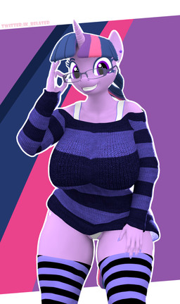anthro anthrofied big_breasts bra breasts clothed clothing cutie_mark ear_piercing ear_ring eyewear female fur glasses hair horn legwear looking_at_viewer multicolored_hair panties piercing purple_body purple_fur purple_hair rectangular_glasses ring_piercing simple_background smile solo stockings sweater topwear underwear ik_related friendship_is_magic hasbro my_little_pony mythology twilight_sparkle_(mlp) equid equine horse mammal mythological_creature mythological_equine pony unicorn 3d_(artwork) digital_media_(artwork) hi_res