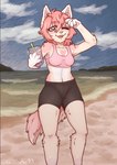 anthro beach beverage black_bottomwear black_clothing black_shorts blue_eyes blue_sky bottomwear bra breasts bubble_tea claws clothed clothing cloud container cup detailed_background eyebrows female fur hair heart_(marking) holding_beverage holding_container holding_cup holding_object inner_ear_fluff looking_at_viewer markings midriff one_eye_closed open_mouth open_smile outside pawpads pink_body pink_bra pink_claws pink_clothing pink_eyebrows pink_fur pink_hair pink_inner_ear_fluff pink_nose pink_pawpads pink_sports_bra pink_tongue pink_underwear sea shorts sky smile smiling_at_viewer solo sports_bra standing tail tan_body tan_fur teeth tongue tuft underwear water white_body white_fur onigiriad canid canine mammal 2021 digital_drawing_(artwork) digital_media_(artwork) portrait shaded three-quarter_portrait