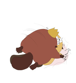 anthro brown_body crown dialogue duo headgear king male royalty simple_background slightly_chubby text sushikorourcon disney hoppers_(disney) pixar king_george_(hoppers) loaf_(hoppers) beaver mammal rodent 2026 hi_res japanese_text