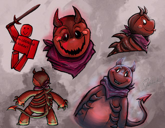 anthro claws creepy_smile fangs glowing glowing_body horn kerchief looking_at_viewer male melee_weapon red_body smile solo spade_tail spikes spikes_(anatomy) sword tail teeth tongue tongue_out weapon young deidad_dissitum forsaken_(roblox) roblox c00lkidd_(roblox) demon humanoid robloxian hi_res sketch_page
