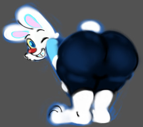 anthro bent_over big_butt big_ears black_clothing black_leggings black_legwear blue_clothing blue_eyes blue_shirt blue_topwear braces buckteeth bunnie_(harry_and_bunnie) butt clothing cotton_tail exposed_feet leggings legwear male red_nose shirt solo teeth topwear white_body glassesm0ded harry_and_bunnie lagomorph leporid mammal rabbit