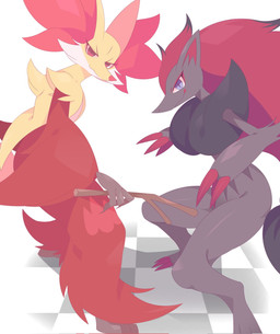 ambiguous_gender anthro black_body black_fur blue_eyes cheek_tuft claws duo facial_tuft floor fur hair looking_at_viewer red_body red_claws red_eyes red_fur red_hair red_nose simple_background smile smiling_at_viewer stick tile tile_floor tuft white_body white_fur yellow_body yellow_fur rullu_1507 nintendo pokemon delphox generation_5_pokemon generation_6_pokemon pokemon_(species) zoroark colored hi_res shaded