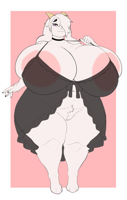 anthro areola areola_slip big_areola big_breasts black_choker black_eyebrows black_jewelry black_necklace black_nightgown border breasts bulging_breasts choker cleavage clothed clothing crotch_tuft curvy_figure eyebrows eyelashes featureless_breasts female fur genitals hair horn huge_areola huge_breasts huge_hips huge_thighs hyper hyper_breasts jewelry lingerie long_ears looking_at_viewer monotone_body monotone_fur mostly_nude necklace nightgown no_underwear overweight overweight_anthro overweight_female pink_areola pink_background simple_background smile solo standing tan_horn thick_thighs translucent translucent_clothing translucent_nightgown tuft voluptuous vulva white_border white_hair wide_hips giselle_orochi fanta_(slarvath) bovid caprine goat mammal absurd_res full-length_portrait hi_res portrait