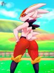2019 3:4 anthro big_butt breasts butt cinderace female fur generation_8_pokemon hand_on_hip hi_res lagomorph looking_at_viewer mammal masterploxy nintendo outside pokemon pokemon_(species) red_eyes signature sky small_breasts solo white_body white_fur