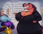 angry anthro big_breasts black_clothing blue_body breasts button_(fastener) clothing corset creaking dialogue duo female hallway huge_breasts imminent_wardrobe_malfunction lingerie looking_at_another looking_at_breasts multicolored_body non-mammal_breasts obese orange_body overweight overweight_female poster purple_body purple_clothing sharp_teeth size_difference speech_bubble straining_buttons suit teeth topwear two_tone_body yellow_clothing cashmeremoo teresa_(cashmeremoo) tethys_(cashmeremoo) alligator alligatorid crocodilian dinosaur prehistoric_species reptile scalie theropod tyrannosaurid tyrannosauroid tyrannosaurus 2022 colored hi_res