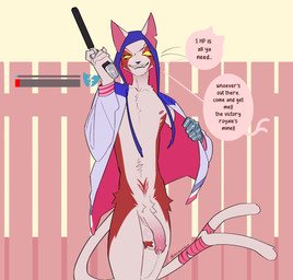 anthro ball_tuft balls balls_blush big_penis blush bodily_fluids body_blush bottomless clothed clothing fangs fence flats foreskin forked_tail fur gameplay_mechanics genital_fluids genitals glans gui gun half-erect handgun health_bar holding_object holding_weapon hood_up hoodie hoodie_only humanoid_genitalia humanoid_penis long_tail male mostly_nude multicolored_body multicolored_fur narrowed_eyes navel nipples outside penis penis_blush pink_glans pistol precum precum_string prosthetic prosthetic_limb ranged_weapon red_body red_fur saggy_balls simple_background slim slim_male smile smiling_at_viewer smirk smirking_at_viewer solo speech_bubble standing tail tail_wrapping teeth text topwear topwear_only tuft two_tone_body two_tone_fur unusual_anatomy unusual_tail weapon white_balls white_body white_fur white_penis yellow_eyes nerunaur epic_games fortnite nyanja_(fortnite) domestic_cat felid feline felis mammal 2025 colored digital_drawing_(artwork) digital_media_(artwork) english_text hi_res portrait signature three-quarter_portrait