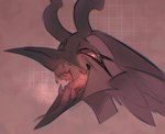 beak disembodied_head glowing glowing_eyes horn looking_at_viewer mouth_shot open_beak open_mouth pink_background red_eyes simple_background solo teeth tongue toothed_beak unusual_anatomy vore boidbwain ophelia_(boidbwain) angel avian bird headshot_portrait hi_res portrait