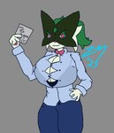 anthro big_breasts blue_bottomwear blue_clothing blue_pants blue_shirt blue_topwear bottomwear bra_through_clothing breasts cleavage clothed clothing female green_hair hair holding_clothing holding_object holding_panties holding_underwear huge_breasts office_clothing panties pants paper ponytail shirt solo topwear underwear siatdusk nintendo pokemon vista_(siatdusk) generation_9_pokemon meowscarada pokemon_(species) hi_res