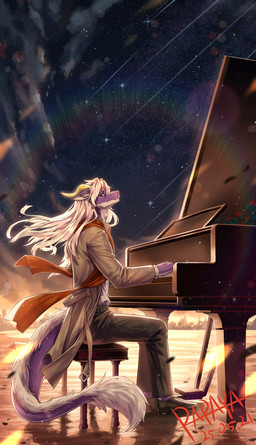 anthro clothed clothing ears_back fur grand_piano hair keyboard_instrument long_hair looking_up male mouth_closed musical_instrument piano pivoted_ears playing_music playing_piano purple_body purple_fur side_view sitting solo white_body white_eyes white_fur white_hair papayafurry mythology dragon furred_dragon furred_scalie mythological_creature mythological_scalie scalie 2025 absurd_res dated hi_res signature