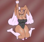 anthro big_breasts breasts brown_background brown_body brown_fur camel_toe cleavage clothed clothing female fur holding_arm kneeling leggings legwear leotard nipple_outline raised_arm red_eyes simple_background smile solo stockings thick_thighs wide_hips athom nintendo pokemon generation_4_pokemon lagomorph lopunny mammal pokemon_(species) shiny_pokemon