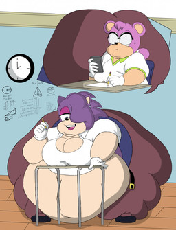 anthro bedroom_eyes belly belly_overhang belt big_belly big_breasts big_butt breasts burgundy_pants butt chubby_face classroom cleavage cleavage_cutout clock clothed clothing cutout double_chin duo eyewear fat_folds female flabby_arms flabby_legs fur fuschia_eyeshadow fuschia_lipstick glasses gloves hair hair_over_eye handwear morbidly_obese narrowed_eyes obese obese_anthro obese_female open_belt overweight overweight_anthro overweight_female pink_body pink_fur pink_hair purple_body purple_fur purple_hair school seductive shirt shogakukan thick_calves thick_thighs topwear wall_clock white_clothing white_gloves white_handwear white_shirt white_topwear wide_hips colbob111 sega sonic_the_hedgehog_(comics) sonic_the_hedgehog_(series) sonic_the_hedgehog_(shogakukan) miss_wing monica_(sonic_shogakukan) eulipotyphlan hedgehog mammal mouse murid murine rodent hi_res