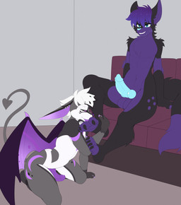 anthro balls black_body black_fur blue_eyes blue_nose chest_tuft cosmic_hair dipstick_tail duo erection ethereal_hair feet foot_fetish foot_lick fur fur_markings furniture genitals glowing glowing_nose grey_body grey_fur hair happy humanoid_genitalia humanoid_penis hybrid_genitalia hybrid_penis kneeling knot knotted_humanoid_penis knotted_penis licking living_room male male/male markings multicolored_body pawpads paws penis plantigrade purple_body purple_fur purple_pawpads purple_tongue simple_background sitting smug sofa sparkles tail tail_markings tongue tuft two_tone_body white_hair wings worship kami-chan db_mistery kitsunaki bat canid canine fox mammal 2022 colored hi_res