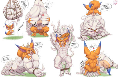 3_toes 4_fingers anal anal_penetration anthro arms_tied balls bdsm black_eyes blue_body blue_eyes blue_fur blush bodily_fluids bondage bound cum cum_in_ass cum_inside dialogue dominant dominant_male duo face_fucking feet fingers forced forced_rimming foreskin fur genital_fluids genitals happy holding_butt holding_tail humanoid_genitalia humanoid_penis irrumatio larger_male larger_rimmed larger_sub legs_tied looking_pleasured male male/male male_penetrated male_penetrating male_penetrating_male multiple_poses muscular muscular_male oral orange_body orange_fur penetration penile penile_penetration penis penis_in_mouth pose restraints rimming rope rope_bondage sex simple_background size_difference smaller_male smaller_on_top smaller_rimmed speech_bubble submissive submissive_male tail text toes trapped white_body white_fur fennephilim_fox league_of_legends riot_games tencent gnar_(lol) rengar_(lol) felid lion mammal pantherine yordle english_text hi_res