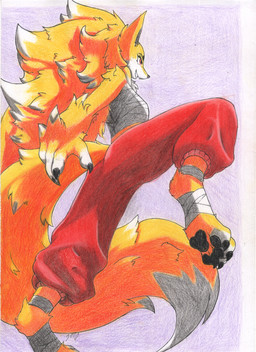 4_fingers anthro bottomwear chest_wraps claws clothing digitigrade female fingers fur hair on_one_leg open_mouth orange_body orange_fur pants pawpads pose red_bottomwear red_clothing red_eyes red_pants simple_background solo standing tail white_body white_fur wraps jazzmaster_j canid canine fox mammal 2025 absurd_res colored hi_res traditional_media_(artwork)