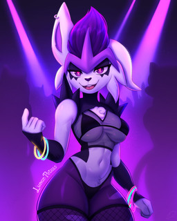 anthro bangle beckoning bra breasts chest_tuft clothing female female_anthro fishnet_clothing fishnet_legwear gesture glowstick_bracelet jewelry legwear rave solo solo_focus translucent translucent_clothing tuft underwear lunar_petals nintendo pokemon background_character cinderace generation_8_pokemon pokemon_(species) absurd_res hi_res