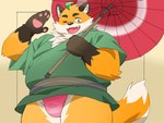 anthro asian_clothing belly brown_body bulge clothed clothing east_asian_clothing fundoshi japanese_clothing kemono male one_eye_closed overweight overweight_male parasol red_clothing red_fundoshi red_underwear simple_background solo underwear wink inunoshippo tamacolle iyo_(tamacolle) canid canine fox mammal 2024 4:3 hi_res