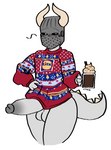 anthro armor beverage big_penis blush bottomless candy chocolate christmas_clothing clothed clothing dessert erection femboy food genitals grey_body headgear helmet holidays horn hot_chocolate humanoid_genitalia male penis pink_eyes solo tail anonymous_artist christmas lidl mythology dragon kobold mythological_creature mythological_scalie scalie digital_media_(artwork)