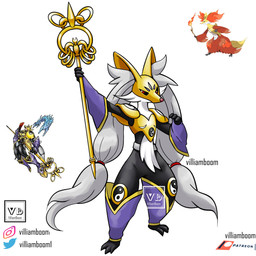 ambiguous_gender anthro armor black_body clothing fur grey_inner_ear_fluff inner_ear_fluff red_eyes red_nose solo staff tuft white_body white_fur yellow_ears yin_yang villiamboom1 bandai_namco digimon fakemon nintendo pokemon delphox digimon_(species) generation_6_pokemon hybrid pokemon_(species) sakuyamon 1:1 absurd_res hi_res