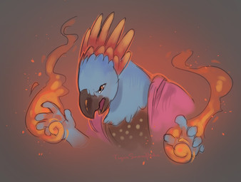 anthro beak blue_body dipstick_feathers fire head_feathers multicolored_eyes orange_body rainbow_eyes speckled_body tigersnowflake ka'lam'holn'qui'ke avian bird parrot hi_res