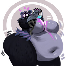 anthro belly big_belly big_breasts big_butt black_body black_fur breasts butt chug_jug clothing dark_body dark_fur emanata eye_scar facial_scar female fur gloves handwear heart_tattoo holding_object hood huge_breasts looking_at_viewer motion_lines navel obese obese_anthro obese_female overweight overweight_anthro overweight_female purple_body purple_eyes purple_fur scar solo tattoo sonier103 epic_games fortnite raven_team_leader bear mammal 2024 absurd_res hi_res