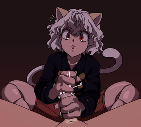 animal_ears animal_tail black_clothing black_topwear bodily_fluids bottomwear brown_background clothed clothed_female clothing cum duo ejaculation eyelashes female first_person_view fur genital_fluids genitals hair handjob male male/female nude_male open_mouth orange_bottomwear orange_clothing orange_shorts penile penis sex short_hair shorts simple_background tan_body tan_fur tan_skin thick_thighs topwear white_body white_fur white_hair wide_hips lewdthealess hunter_x_hunter neferpitou animal_humanoid cat_humanoid chimera_ant felid felid_humanoid feline feline_humanoid humanoid mammal mammal_humanoid absurd_res digital_media_(artwork) hi_res