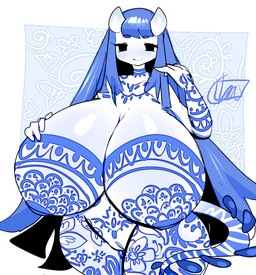areola big_areola big_breasts blue_blush blue_hair blush breasts female floral_pattern floral_print genitals glistening glistening_breasts gzhel hair horn huge_breasts looking_at_viewer nipples nude nude_female nude_humanoid slightly_chubby slightly_chubby_female slightly_chubby_humanoid smile tail tampography thick_thighs vulva cherusdoodles dede_(cherusdoodles) demon demon_humanoid horned_humanoid humanoid 2023