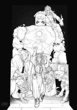 anthro backpack clothed clothing female front_view group hair humanoid_pointy_ears long_hair male pointy_ears robe simple_background azuza jewish_mythology mythology humanoid mythological_creature mythological_golem scalie 2024 dated hi_res monochrome