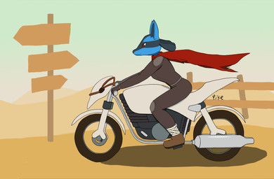 anthro biped blue_body blue_fur cape clear_sky cloak clothed clothed_anthro clothed_female clothing day female female_anthro fur motorcycle motorcycle_helmet outside side_view sky solo vehicle wasteland yikeone laika_aged_through_blood nintendo pokemon laika_(laika_aged_through_blood) generation_4_pokemon humanoid lucario pokemon_(species) absurd_res hi_res