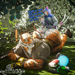 2_tails 5_fingers all_fours anthro big_butt black_claws black_clothing black_gloves black_handwear black_nose black_stripes black_topwear boots brown_boots brown_clothing brown_footwear butt claws clothing duo erection exclamation_point fangs fingerless_gloves fingers footwear fur genitals gloves hand_on_butt handwear hoodie hot_dogging humanoid_genitalia humanoid_penis jockstrap male male/male markings mechanical_arm multi_tail muscular muscular_anthro muscular_arms muscular_male notched_ear open_mouth orange_body orange_fur penis sex shoes size_difference striped_body striped_fur striped_markings striped_tail stripes tail tail_markings teeth text three-quarter_view topwear underwear whiskers white_body white_fur yellow_eyes jaiblizz dollymolly323_(modeler) epic_games fortnite nyanja_(fortnite) oscar_(fortnite) domestic_cat felid feline felis mammal pantherine tiger 1:1 2026 3d_(artwork) digital_media_(artwork) english_description english_text hi_res