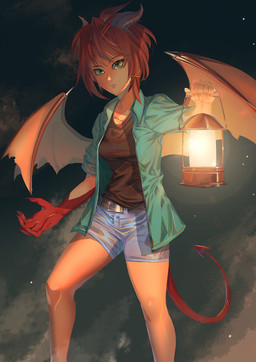 5_fingers brown_hair clothed clothing eyebrows eyelashes female fingers green_eyes hair horn lamp lantern looking_at_viewer membrane_(anatomy) membranous_wings solo tail wings bakki mythology animal_humanoid demon dragon dragon_humanoid humanoid mythological_creature mythological_scalie scalie hi_res