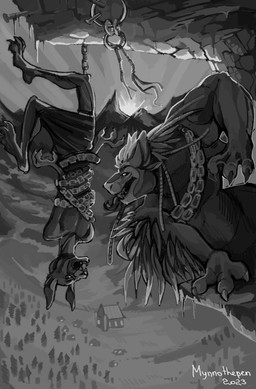4_ears anthro chain clothed clothing feathered_wings feathers male mountain multi_ear solo sun tongue tongue_out winged_arms wings mynnothepen tiskanomicon avali monochrome