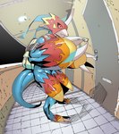 anthro apartment armor biped blade_fingers blue_body claws clothing detailed_background door fisheye_lens gauntlets gloves handwear inside key male muscular muscular_anthro muscular_male red_eyes solo straps skink_hisshiss bandai_namco digimon digimon_(species) flamedramon scalie digital_media_(artwork) hi_res