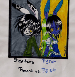 alternative_fashion anthro clothing contrast cuff_(restraint) dress duo emo female glamfur restraints shackles side_view split_screen text uniform dezi pyroh lagomorph leporid mammal rabbit 2009 english_text half-length_portrait marker_(artwork) portrait traditional_media_(artwork)
