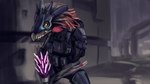 anthro arm_tuft armor beak body_armor bulletproof_vest clothed clothing fangs feather_hair feather_tuft feathered_crest feathers fully_clothed grey_body grey_skin gun head_crest headgear helmet holding_gun holding_object holding_ranged_weapon holding_weapon looking_away male needler outside pseudo_hair pupils ranged_weapon slit_pupils solo spread_legs spreading standing tally_marks teeth text tuft weapon western_tally_marks yellow_eyes akilae06 halo_(series) microsoft xbox_game_studios alien avian kig-yar scalie t'vaoan 16:9 4k absurd_res colored english_text hi_res shaded widescreen